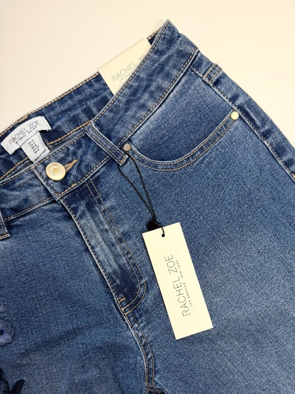NWT Rachel Zoe Dark Blue Straight-Leg Jeans with Floral Embroidery - Picture 4 of 10